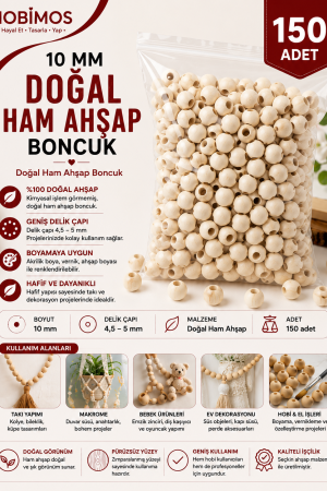 150 Adet 10 mm Geniş Delikli Doğal Ham Ahşap Boncuk - Makrome Boncuk