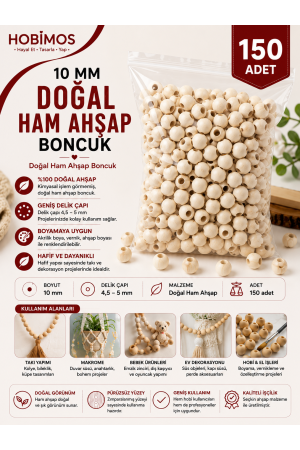 150 Adet 10 mm Geniş Delikli Doğal Ham Ahşap Boncuk - Makrome Boncuk