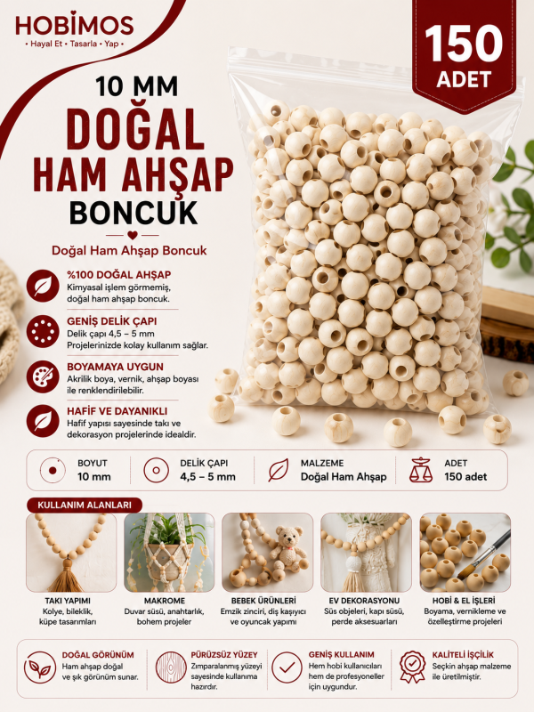 150 Adet 10 mm Geniş Delikli Doğal Ham Ahşap Boncuk - Makrome Boncuk 150 Adet 10 mm Geniş Delikli Doğal Ham Ahşap Boncuk - Makrome Boncuk