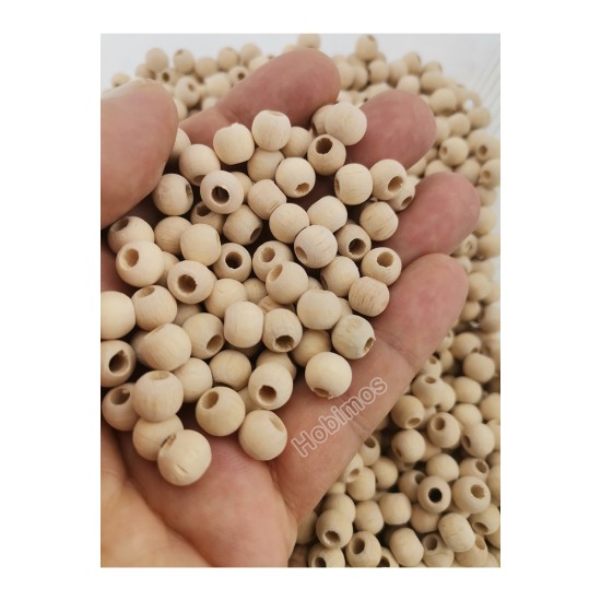 100 Adet 8 mm Ham Ahşap Tahta Yuvarlak Doğal Boncuk