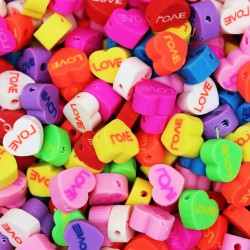 50 Adet Renkli Love Yazılı Kalp Fimo Boncuk, Takı Yapım Boncuğu