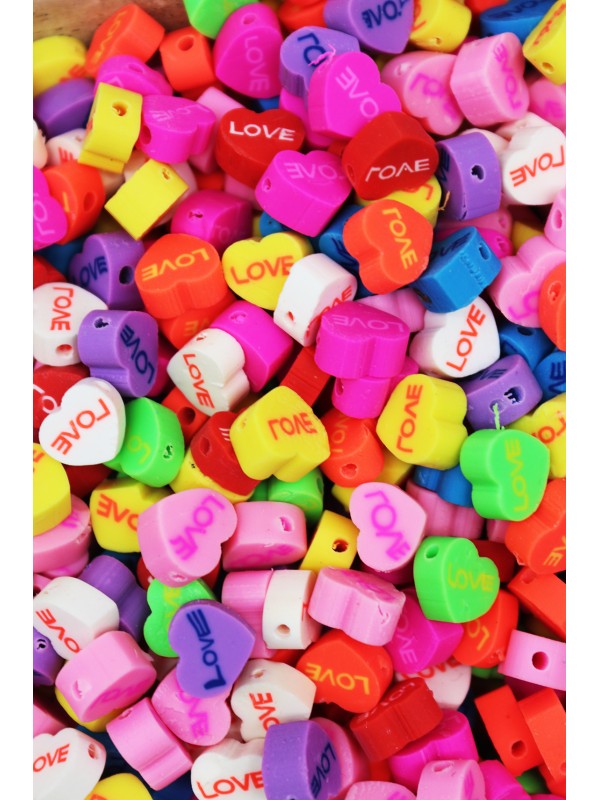 50 Adet Renkli Love Yazılı Kalp Fimo Boncuk, Takı Yapım Boncuğu