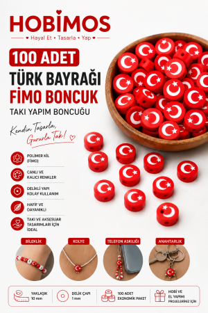 100 Adet Türk Bayrağı Modelli Fimo Boncuk, Takı Yapım Boncuğu