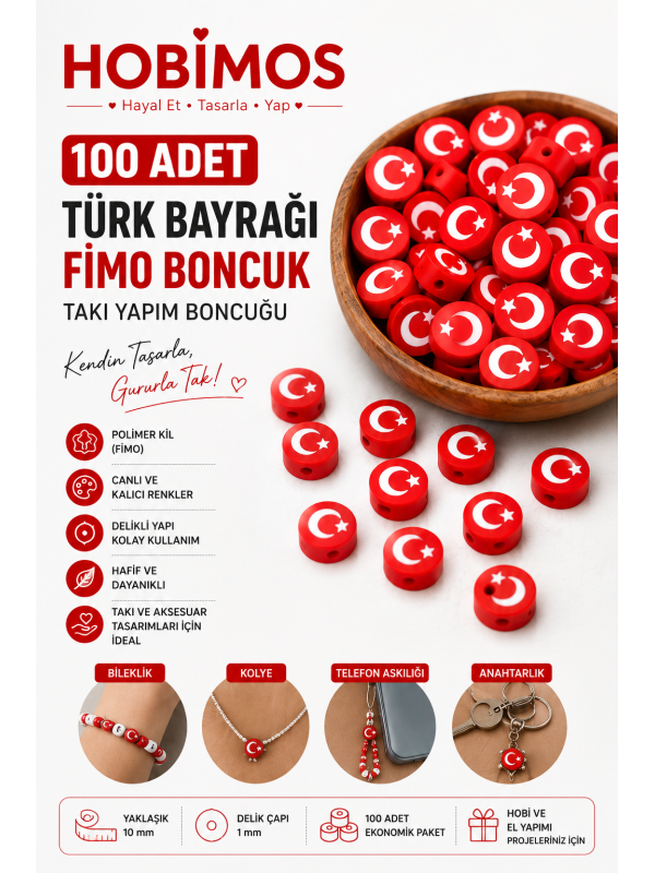 100 Adet Türk Bayrağı Modelli Fimo Boncuk, Takı Yapım Boncuğu