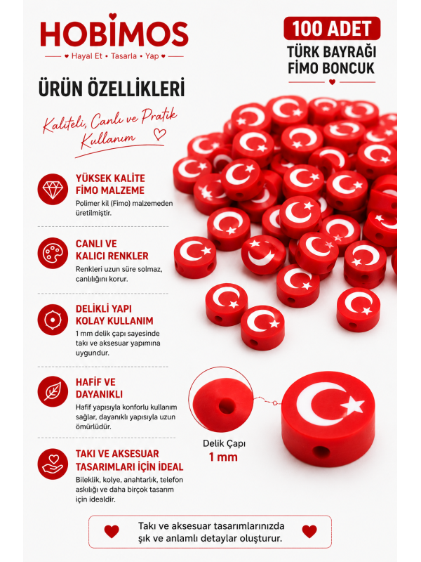 100 Adet Türk Bayrağı Modelli Fimo Boncuk, Takı Yapım Boncuğu