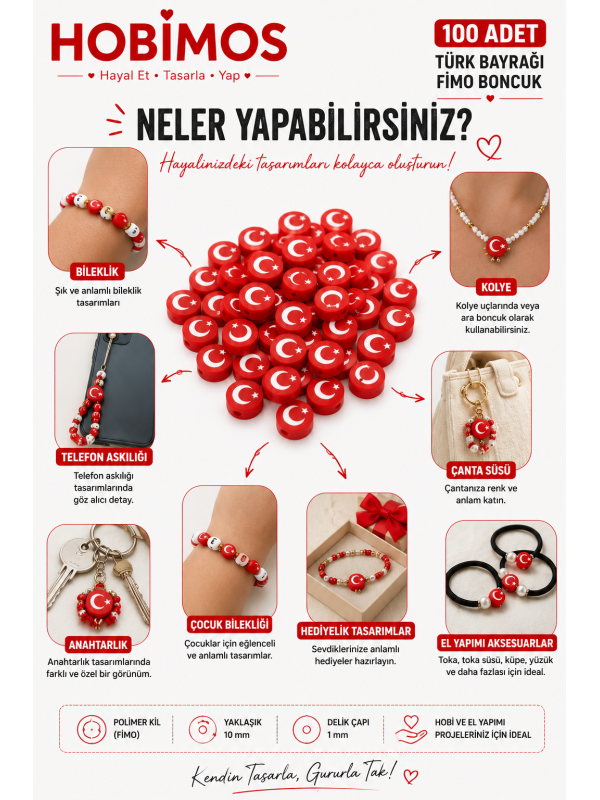 100 Adet Türk Bayrağı Modelli Fimo Boncuk, Takı Yapım Boncuğu