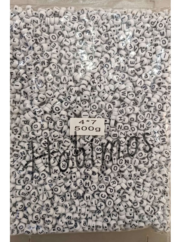 1000gr 4x7mm Beyaz Zemin Üzeri Siyah Yazılı Yassı Harf Boncuk - Toptan Boncuk
