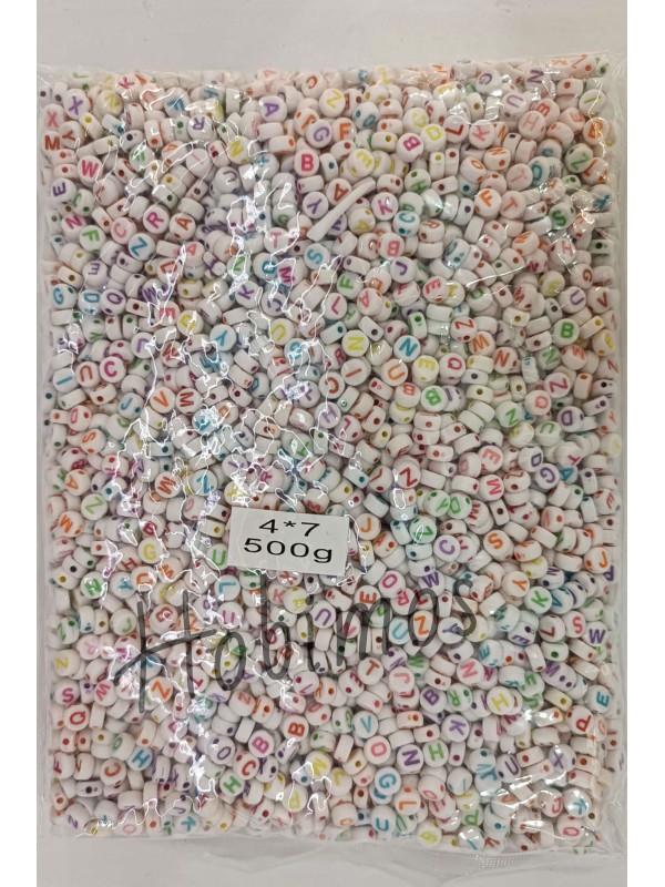 1000gr 4x7mm Beyaz Zemin Üzeri Renkli Yazılı Yassı Harf Boncuk - Toptan Boncuk