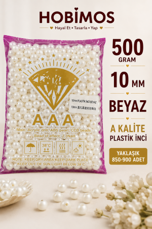 500 Gram 10 mm Beyaz Renk Plastik İnci Boncuk - Çanta ve Takı Boncuğu