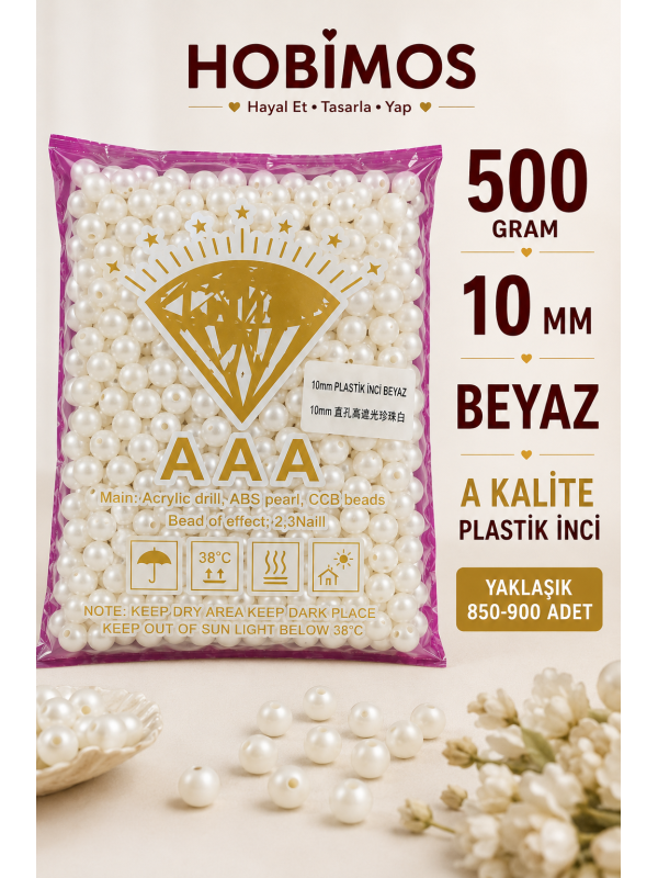 500 Gram 10 mm Beyaz Renk Plastik İnci Boncuk - Çanta ve Takı Boncuğu