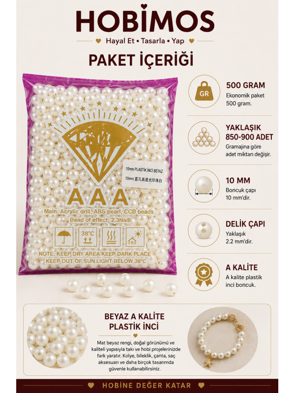 500 Gram 10 mm Beyaz Renk Plastik İnci Boncuk - Çanta ve Takı Boncuğu