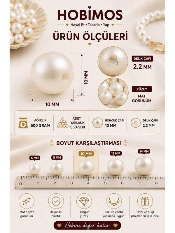 500 Gram 10 mm Beyaz Renk Plastik İnci Boncuk - Çanta ve Takı Boncuğu