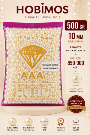 500 Gram 10 mm Krem Renk Plastik İnci Boncuk - Çanta ve Takı Boncuğu