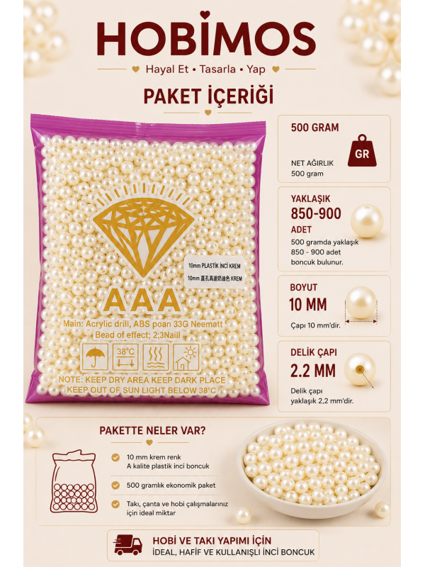 500 Gram 10 mm Krem Renk Plastik İnci Boncuk - Çanta ve Takı Boncuğu 500 Gram 10 mm Krem Renk Plastik İnci Boncuk - Çanta ve Takı Boncuğu