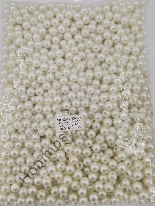 250 Gram 10 mm Krem Renk Plastik İnci Boncuk - Çanta ve Takı Boncuğu