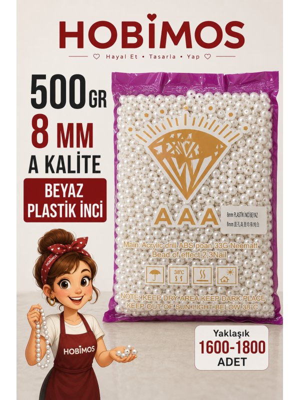 500gr 8mm Beyaz Renk A Kalite Plastik İnci Boncuk, Takı Yapım Boncuğu - Toptan