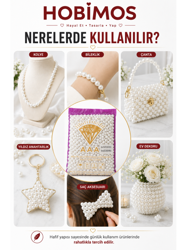 500gr 8mm Beyaz Renk A Kalite Plastik İnci Boncuk, Takı Yapım Boncuğu - Toptan