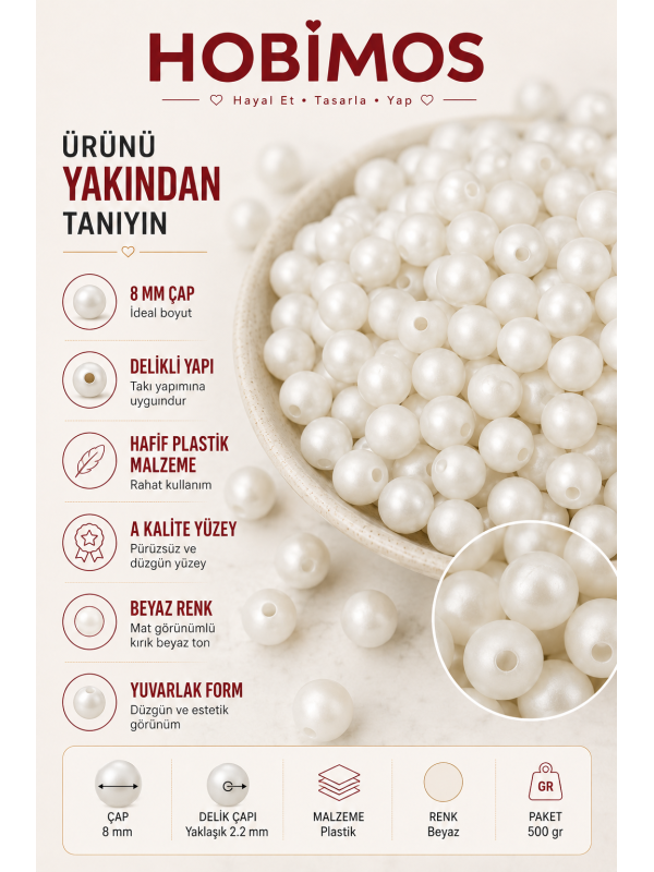 500gr 8mm Beyaz Renk A Kalite Plastik İnci Boncuk, Takı Yapım Boncuğu - Toptan
