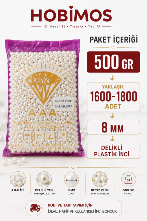 500gr 8mm Beyaz Renk A Kalite Plastik İnci Boncuk, Takı Yapım Boncuğu - Toptan