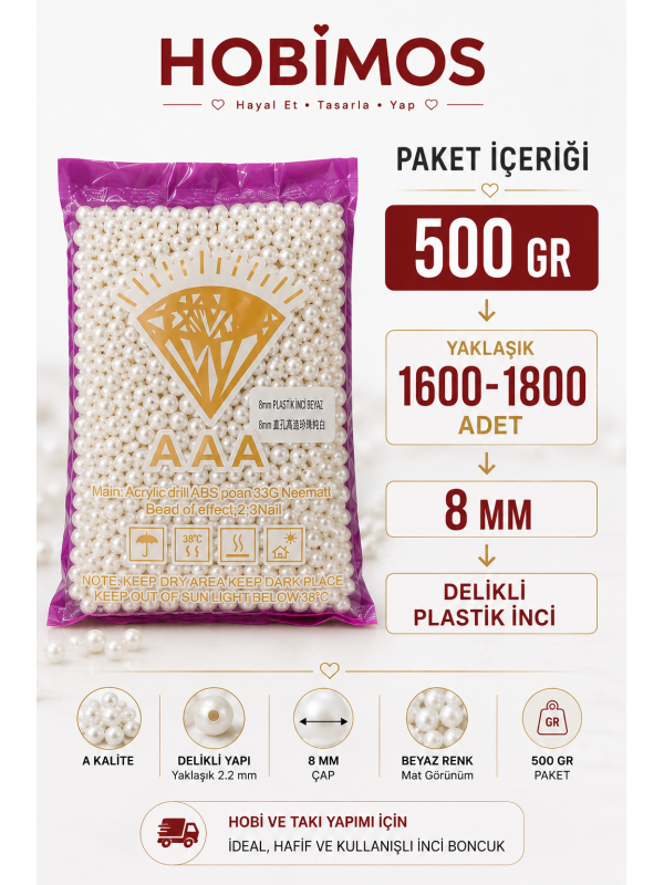 500gr 8mm Beyaz Renk A Kalite Plastik İnci Boncuk, Takı Yapım Boncuğu - Toptan