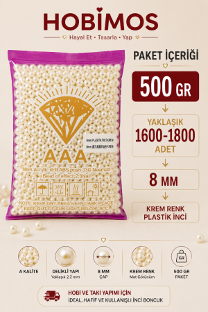 500gr 8mm Krem Renk A Kalite Plastik İnci Boncuk, Takı Yapım Boncuğu - Toptan