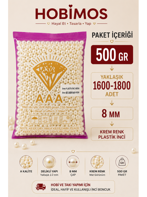 500gr 8mm Krem Renk A Kalite Plastik İnci Boncuk, Takı Yapım Boncuğu - Toptan 500gr 8mm Krem Renk A Kalite Plastik İnci Boncuk, Takı Yapım Boncuğu - Toptan