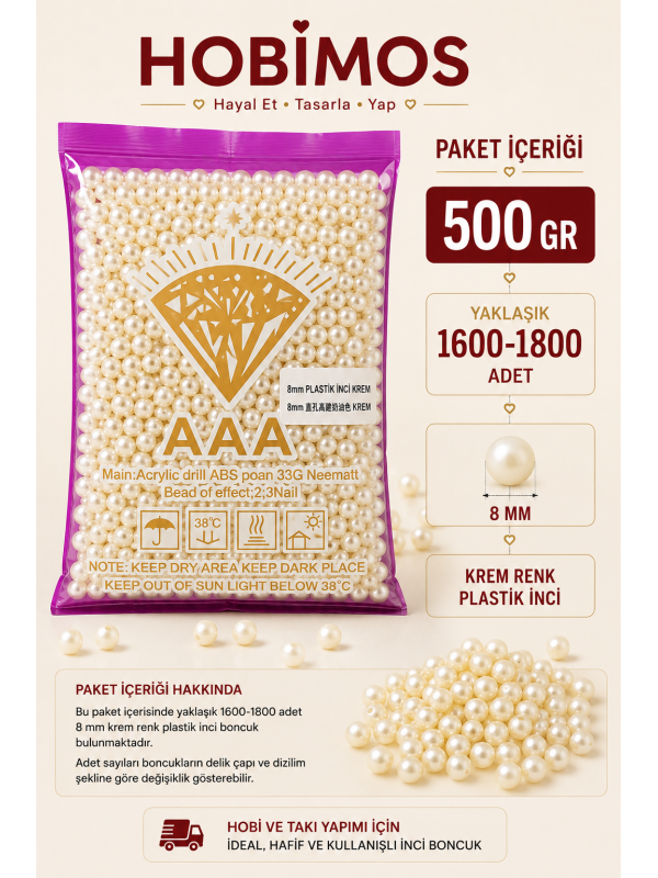 500gr 8mm Krem Renk A Kalite Plastik İnci Boncuk, Takı Yapım Boncuğu - Toptan 500gr 8mm Krem Renk A Kalite Plastik İnci Boncuk, Takı Yapım Boncuğu - Toptan