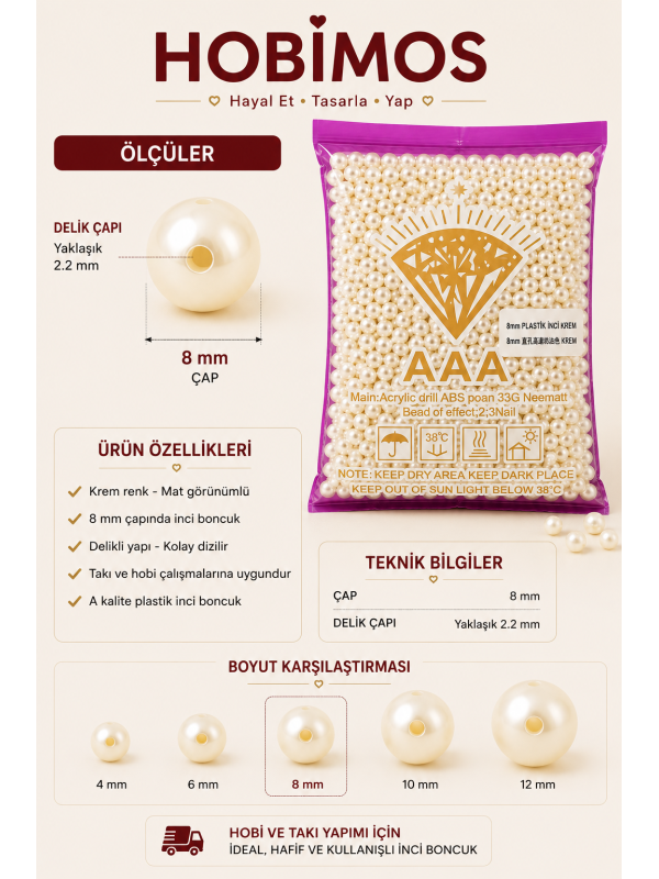500gr 8mm Krem Renk A Kalite Plastik İnci Boncuk, Takı Yapım Boncuğu - Toptan 500gr 8mm Krem Renk A Kalite Plastik İnci Boncuk, Takı Yapım Boncuğu - Toptan