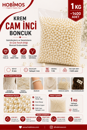 Krem Cam İnci Boncuk 8 Mm 1 Kg
