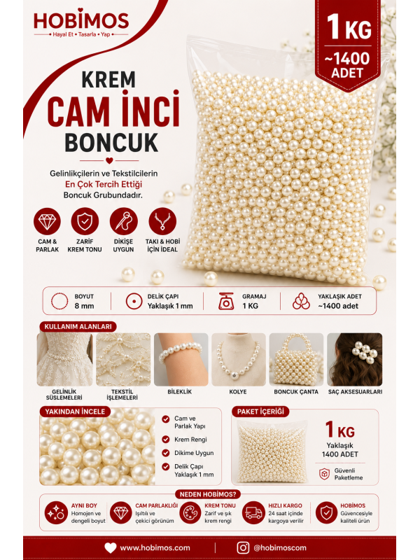 Krem Cam İnci Boncuk 8 Mm 1 Kg