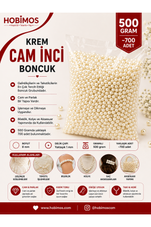 Krem Cam İnci Boncuk 8 Mm 500 Gram