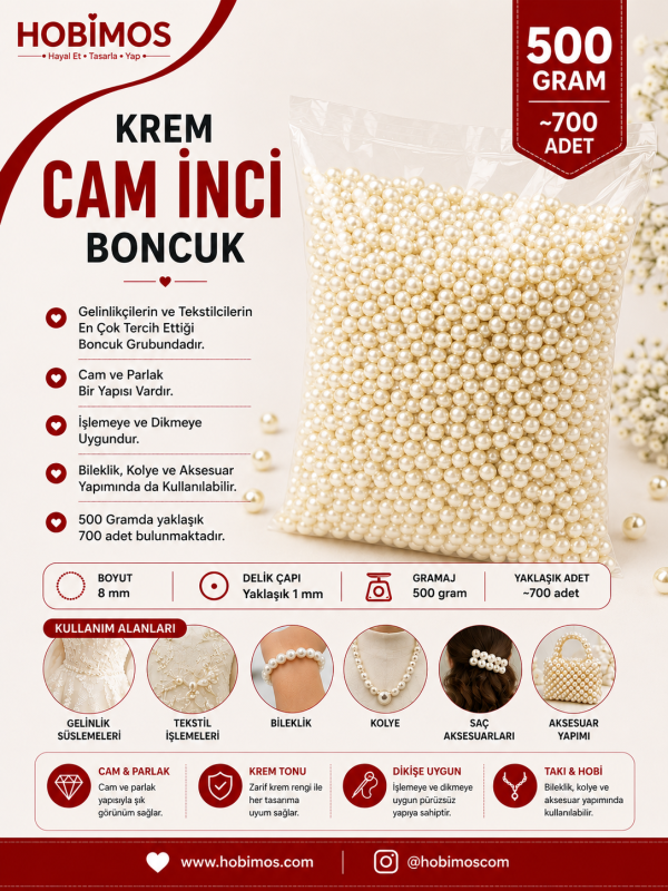 Krem Cam İnci Boncuk 8 Mm 500 Gram