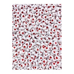 25gr 4x7mm Yassı Beyaz Üzeri Kırmızı Kalp Boncuk, Kalp Takı Yapım Boncuğu ~200 Adet