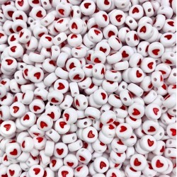 25gr 4x7mm Yassı Beyaz Üzeri Kırmızı Kalp Boncuk, Kalp Takı Yapım Boncuğu ~200 Adet