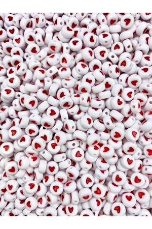 25gr 4x7mm Yassı Beyaz Üzeri Kırmızı Kalp Boncuk, Kalp Takı Yapım Boncuğu ~200 Adet