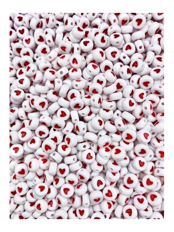 25gr 4x7mm Yassı Beyaz Üzeri Kırmızı Kalp Boncuk, Kalp Takı Yapım Boncuğu ~200 Adet