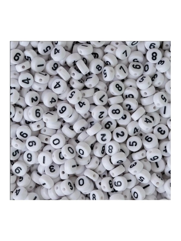 250gr Sayı Boncuk, 4x7mm Beyaz Zemin Üzeri Siyah Yassı Rakam Boncuk (250gr,~ 1600adet)