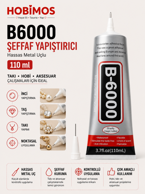 12 Adet B-6000 Şeffaf Taş ve Boncuk Yapıştırıcısı 110 ML– Şeffaf Yapıştırıcı
