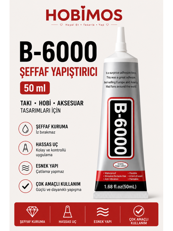 50 ml B6000 Şeffaf Yapıştırıcı, Takı Taşı Yarım İnci Boncuk ve Hobi Yapıştırıcısı