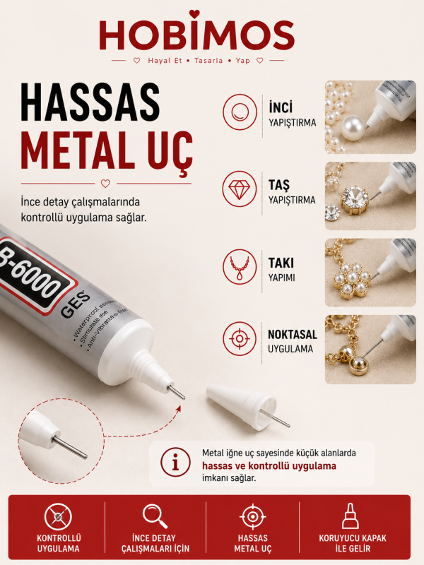 50 ml B6000 Şeffaf Yapıştırıcı, Takı Taşı Yarım İnci Boncuk ve Hobi Yapıştırıcısı