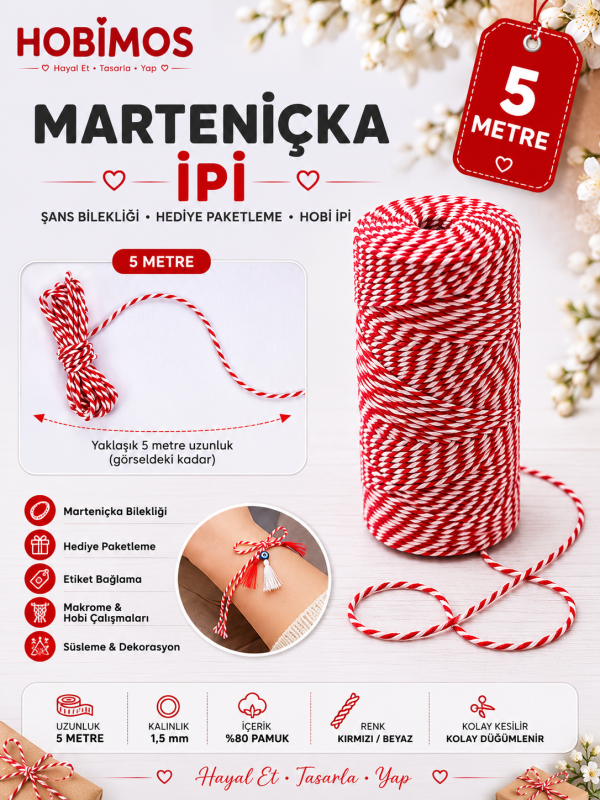Kırmızı Beyaz Marteniçka İpi, Şans, Bileklik, Mart İpi, Hediye Paketleme İpi Kırmızı Beyaz Marteniçka İpi, Şans, Bileklik, Mart İpi, Hediye Paketleme İpi