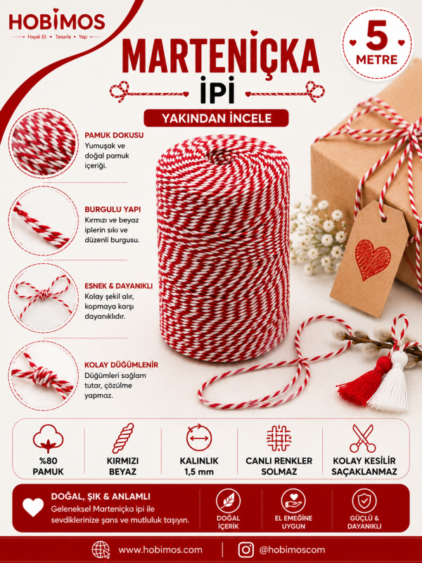 Kırmızı Beyaz Marteniçka İpi, Şans, Bileklik, Mart İpi, Hediye Paketleme İpi Kırmızı Beyaz Marteniçka İpi, Şans, Bileklik, Mart İpi, Hediye Paketleme İpi