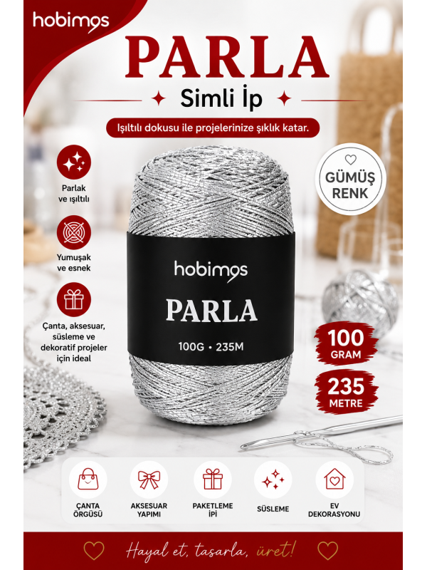Parla Gümüş Renk 100 Gram 235 Metre Simli İp - Paketleme İpi - Süs İpi Parla Gümüş Renk 100 Gram 235 Metre Simli İp - Paketleme İpi - Süs İpi