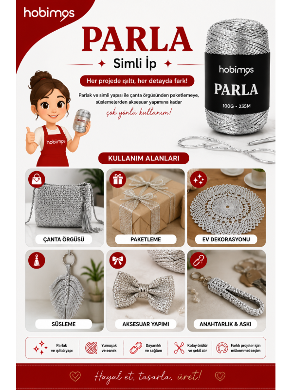 Parla Gümüş Renk 100 Gram 235 Metre Simli İp - Paketleme İpi - Süs İpi Parla Gümüş Renk 100 Gram 235 Metre Simli İp - Paketleme İpi - Süs İpi