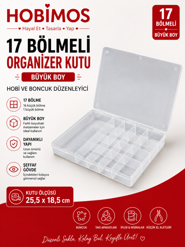 Hobi ve Boncuk Kutusu Büyük Boy 17 Bölmeli 25x18 cm Hobi ve Boncuk Kutusu Büyük Boy 17 Bölmeli 25x18 cm