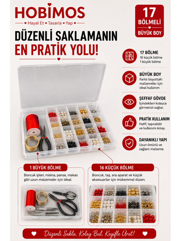 Hobi ve Boncuk Kutusu Büyük Boy 17 Bölmeli 25x18 cm Hobi ve Boncuk Kutusu Büyük Boy 17 Bölmeli 25x18 cm