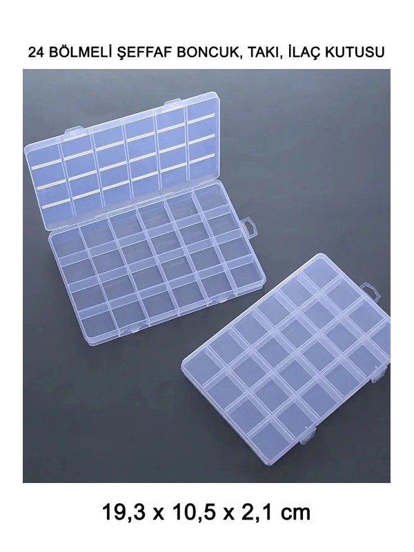 24 Bölmeli 19 cm Şeffaf Plastik Takı Boncuk Saklama Kutusu
