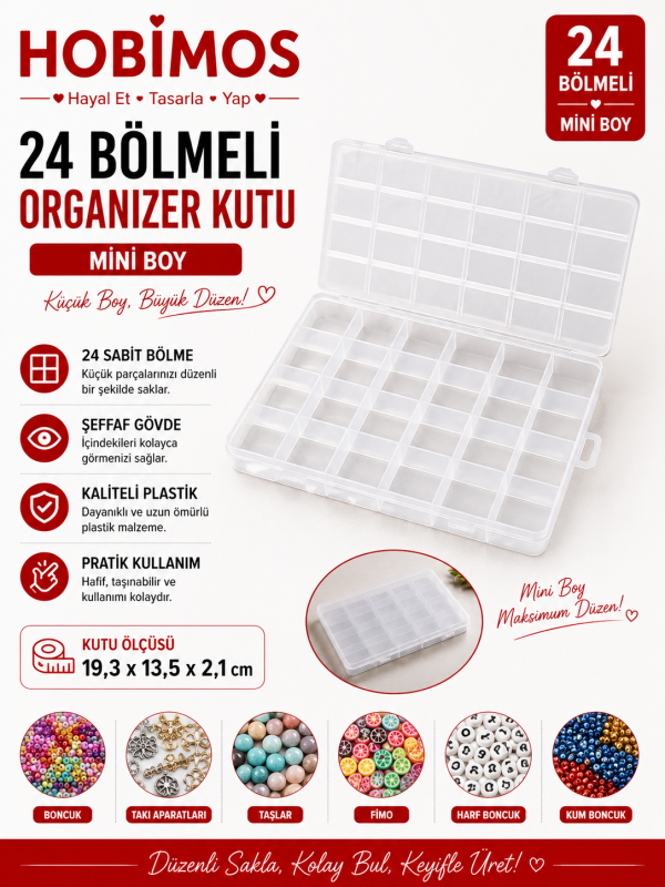 24 Bölmeli 19 cm Şeffaf Plastik Takı Boncuk Saklama Kutusu