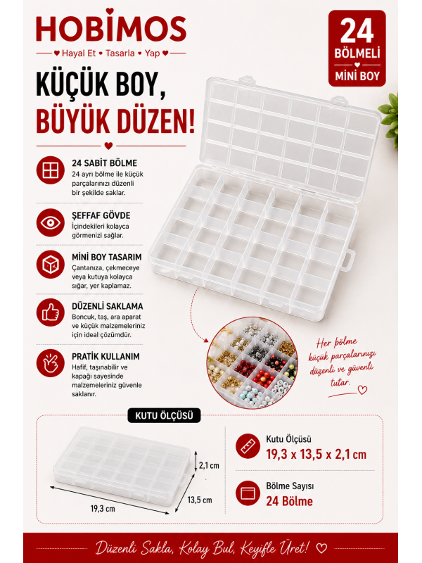 24 Bölmeli 19 cm Şeffaf Plastik Takı Boncuk Saklama Kutusu