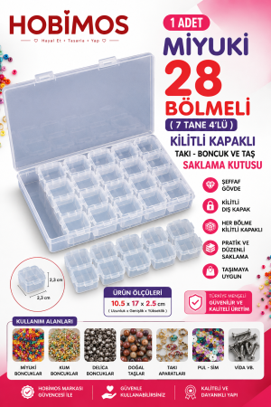 1 Adet 28 Bölmeli ( 7 Tane 4'lü ) Kilitli Kapaklı Takı - Boncuk Ve Taş Saklama Kutusu